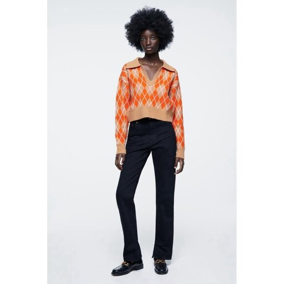 Zara Orange and Tan Argyle Sweater - Picture 3 of 10